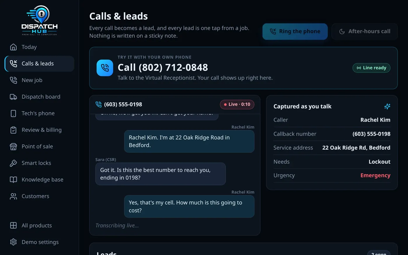 A live call: the transcript and caller's details as you talk