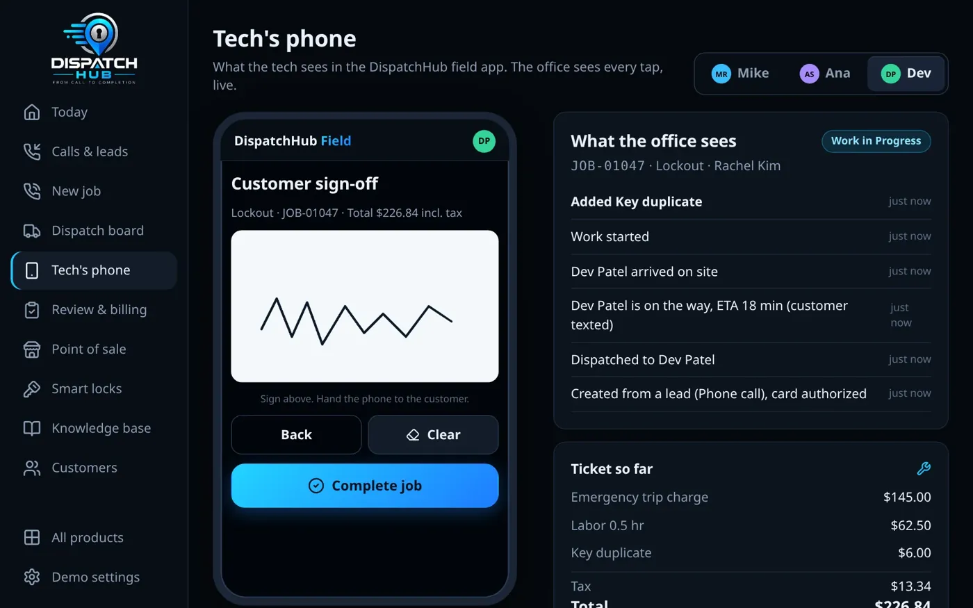 The customer signs on the tech's phone