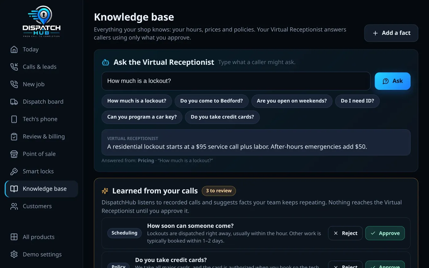 The knowledge base, answering from approved facts