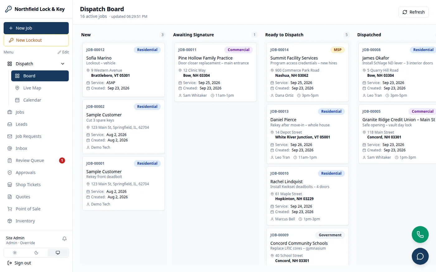 The DispatchHub dispatch board: every job in the shop by stage