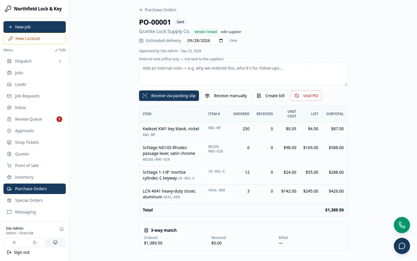 A purchase order with three-way match