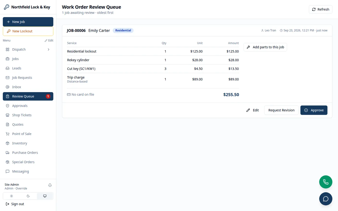 The review queue: nothing is billed until it's approved